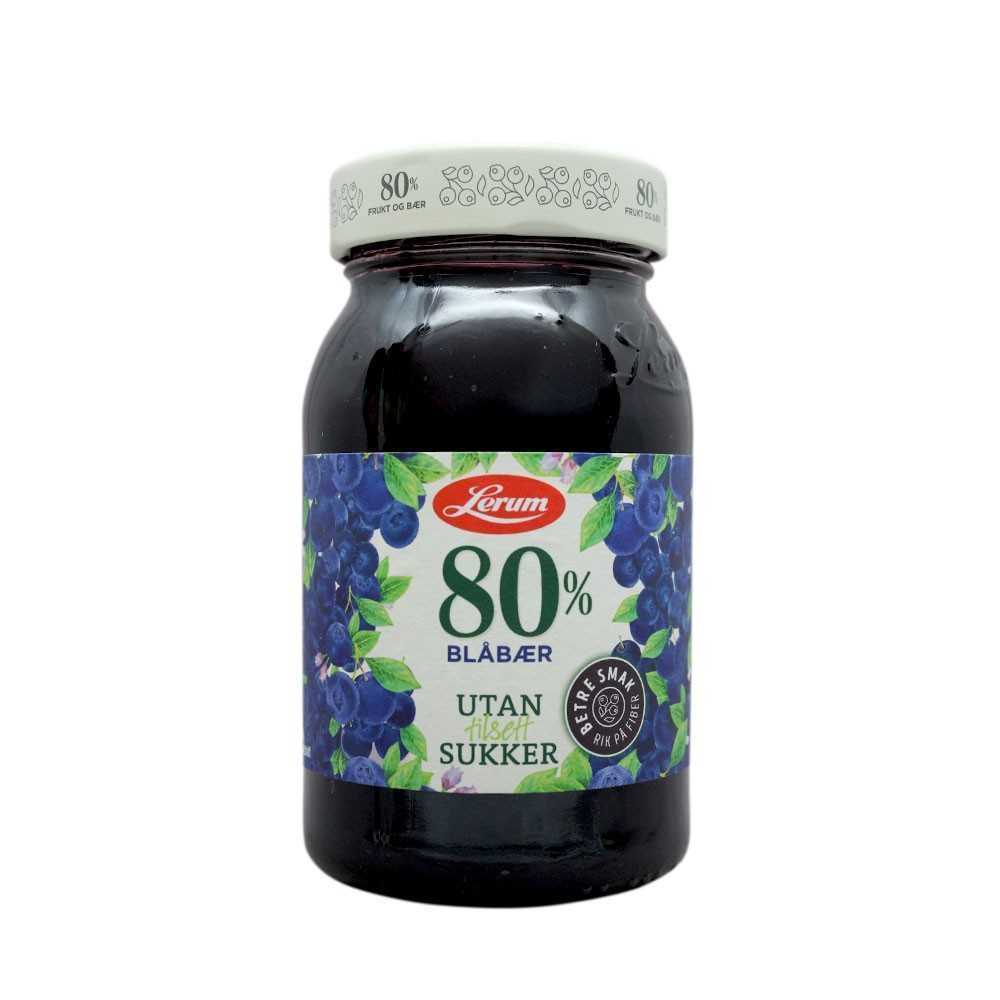 Lerum Utan Tilsett Sukker 80% Blåbær 330g/ Low Sugar Blueberry Jam