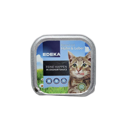 Edeka Feine Happen in Joghurt Sauce / Comida para Gato con Hígado y Pollo 100g