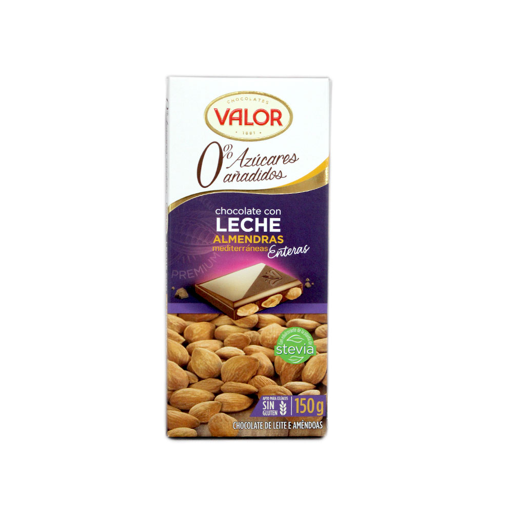 Valor Chocolate Leche 0% Azúcar 125g/ Milk Chocolate with Almonds Sugar-free